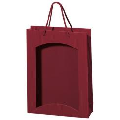 3er Papiertüte offene Welle Bordeaux mit Folienfenster mit Bordeaux Kordel 
