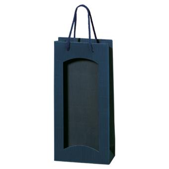 2er Papiertüte offene Welle blau mit Folienfenster mit blauer Kordel 