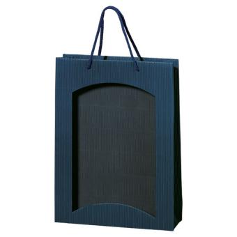 3er Papiertüte offene Welle BLAU mit Folienfenster innen natur, mit blauer Kordel 